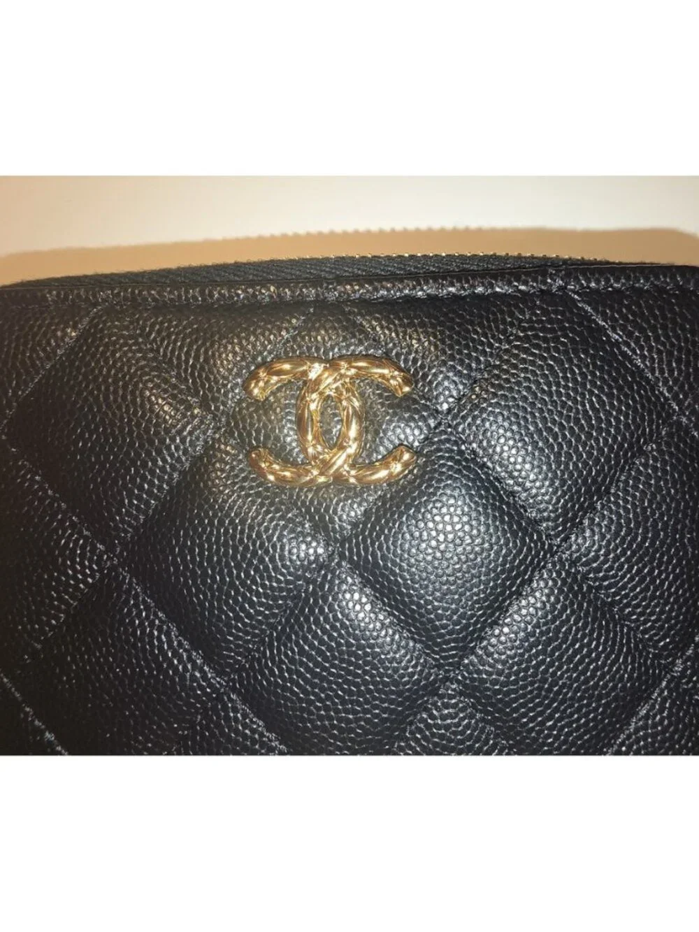 Authentic Chanel Small Zipped Pocket Wallet — Black Caviar Leather, Gold Hardwar